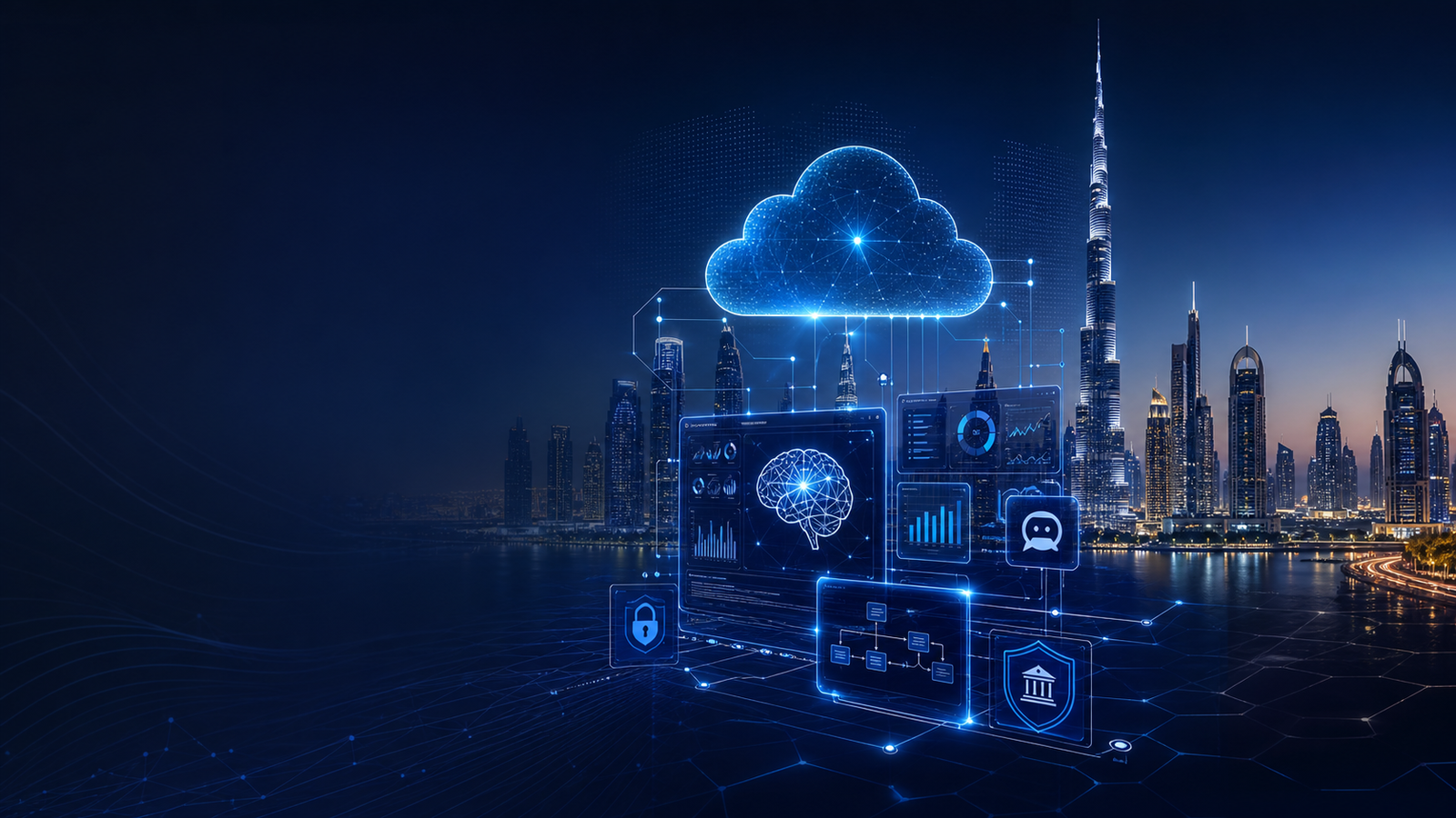 Dubai enterprise AI implementation visual with secure cloud, analytics dashboards and AI agents